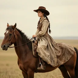 girl with cowboy hat on horseback her hair is braided with beads in a long flowing dress fantasy western book cover