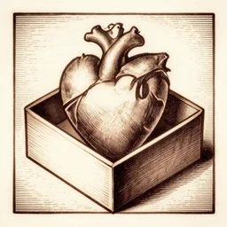 a Wood engraving of a heart inside a box