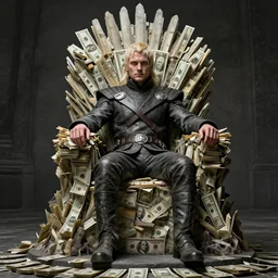 man sitting, on a throne made of dollars, in the style of alex ross, game of thrones