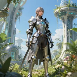 detailed female knight errant in a high tech botanical world with blue skies| pristine metals, glass and plants | solarpunk | style of johfra bosschart, jeff easley, Vincent Callebaut | artstation | high detail |