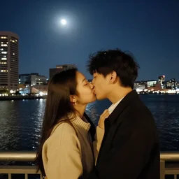 damico and nimna kissing at the baltimore harbor at night under a beautiful moon