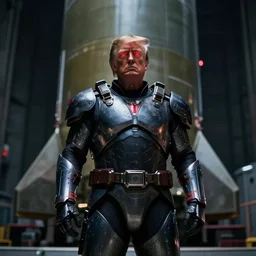cinematic shot of donald trump standing in front of a missile silo, glowing red eyes, wearing futuristic armor, dramatic,