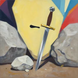 a sword stuck in between stones on the ground, organic painting, sunny day, matte painting, bold shapes, hard edges, street art, trending on artstation, by huang guangjian, gil elvgren, ruan jia, randy vargas, greg rutkowski