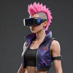 A female cyberpunk character concept art from Cyberpunk 2077, pink Mohawk, futuristic virtual reality goggles, 1980s vest, torn shorts, by Stanley Artgerm Lau, WLOP, Rossdraws, James Jean, Andrei Riabovitchev, Marc Simonetti, and Sakimichan, trending on artstation