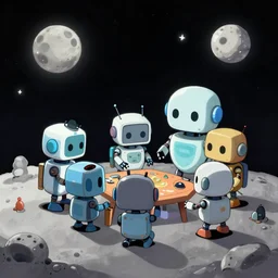 cute robots working on the moon trending on artstation 8K pincushion lens effect, robert crumb cartoon
