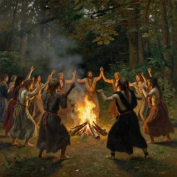 pagan dance ritual around a fire in the forest, by john singer sargent [ wide painting ]