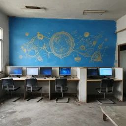 a flickr screenshot of an abandoned internet cafe with a blue wall mural, and a japanese sign, with artworks of people playing on computers on the mural