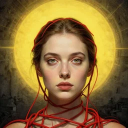 Woman masterpiece, beautiful eyes, yellow, golden halo behind her head, red wires wrap around, by Edgar Maxence and Ross Tran, Zdzisław Beksiński, and Michael Whelan, distant, gustav dore, H.R. Giger, 8k, octane render