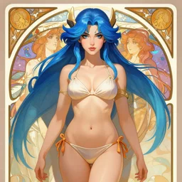 beautiful girl with blue hair wearing a bikini, symmetrical face, character concept, character concept art, by Peter Mohrbacher and Alphonse Mucha, overwatch, weapon, detailed, style, 8k, trending on artstation, unreal