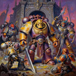colourful painting of cheeky orks, looting necron tomb, cinematic, intricate details, unreal engine 5, rule of three, vivid colors, dynamic lighting, by claude monet and marco bucci