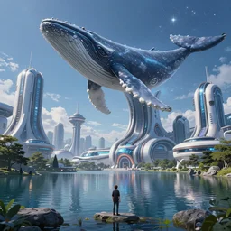 japan in a science - fiction style by the lake, with gigantic futuristic buildings, a machine whale in the sky, midnight, andreas rocha, krenz cushart, artstation, concept art, smooth, sharp focus, 8 k, octane render, volumetric, vivid, beautiful, hyperrealism