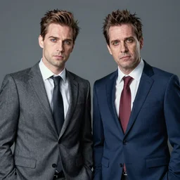 two very ugly brothers in very expensive suits. Photograph.