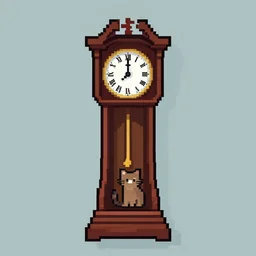 a cat sitting on a grandfather clock pixel art