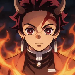 villan devil handsome in demon slayer art, night, fire lines, anime style, detailed face, high quality, smooth in 8k, sharp focus, beautiful scene, black border, beautiful scene with a lot of colors, colorful fire, many colors