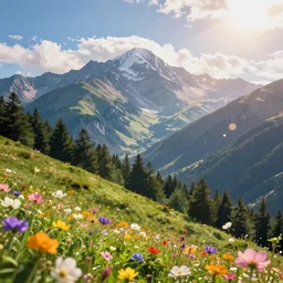 mountain landscape in ( ( summer ) ), flowers, trees, bright landscape, dreamy light, sunny, floating particles, complementary palette, by and jacek yerga and jesse king, pop surrealist, wiccan, unreal engine, bokeh, detailed