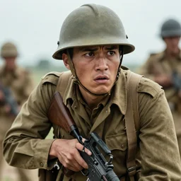 A paranoid soldier looking around frantically, Vietnam War, HDR, 4k, hyper realistic, super detailed, sharp focus