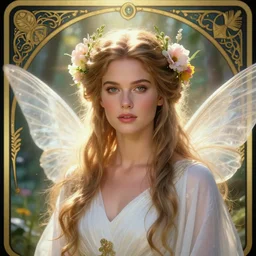 2 8 mm headshot of a beautiful farrah fawcett ethereal magical young winged fairy princess wearing a white robe and flowers in her hair in a fantasy garden, d & d, fantasy, intricate, rim light, god rays, volumetric lighting, elegant, highly detailed, digital painting, artstation, concept art, smooth, sharp focus, illustration, art by greg rutkowski, maxfield parrish and alphonse mucha, new art nouveau, soft ambient lighting, tarot card