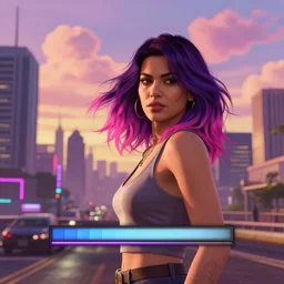 a stunning GTA V loading screen with a beautiful woman with ombre hairstyle in purple and pink blowing in the wind in the city at sunset, outrun, vaporware, neon lights, sky scrapers, retro, beautiful sky with cumulus couds, digital art, trending on artstation