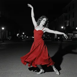 A high-detailed photo of woman dancing in the night, grayscale photo with red dress, realism, photo by Richard Avedon