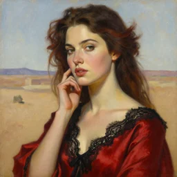 a stunning closeup portrait painting of goddess thandie newton, contemplative, hybrid oil painting, high fashion, red satin, black lace clothing, western dress, scenic desert background, art by jeremy pitkin, alphonse mucha, greg rutkowski, tim hildebrandt, boris vallejo, artgerm