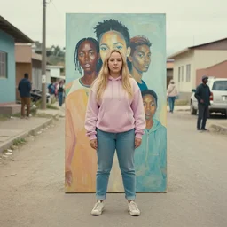 still from music video of emma roberts from die antwoord standing in a township street, wearing a hoodie, street clothes, full figure portrait painting by njideka akunyili crosby and martine johanna, earl norem, ismail inceoglu, pastel color palette, 3 5 mm lens