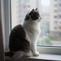 a cat sitting at a window looking out at the city