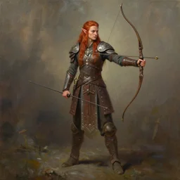 elven archer with long red hair, wearing elven tribal ornamented armor, full body concept, by beksinski, weta workshop concept art, ruan jia, edward hooper, oil painting