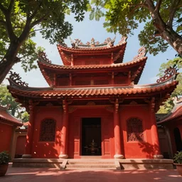 vietnamese temple, perspective, red, dappled light, looking up, studio ghibli, peter mohrbacher style, vietnamese patik, rendered in houdini. vfx, particles, magic, unreal hd artstation trending 8 k