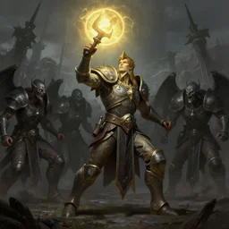 sentinel of light fighting the undead hordes, full body shot, d & d, fantasy, intricate, highly detailed, digital painting, artstation, concept art, matte, sharp focus, illustration, hearthstone, art by artgerm and greg rutkowski and alphonse mucha