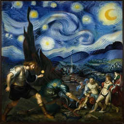 a composition between napoleon crossing the alps and the starry night and the raft of the medusa and the school of athens, oil on canvas