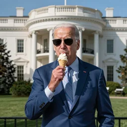 joe biden with sunglasses on licking an icecream cone standing in the whitehouse
