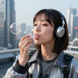 photographic portrait of a techwear woman eating floating bubbles, closeup, on the rooftop of a futuristic city, sigma 85mm f/1.4, 4k, depth of field, high resolution, 4k, 8k, hd, full color