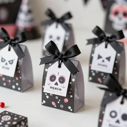 photoshoot of day of the death birthday party celebration, orthographic, front view, clean, tidy, close up photo of party favors, fun bags, loot boxes, gifts tags, favor tags, photo realistic, hyper realistic, detailed, sharp, focused, focused, detailed, sharp, instagram, influencer, 8 k resolution, hyperrealistic, octane render