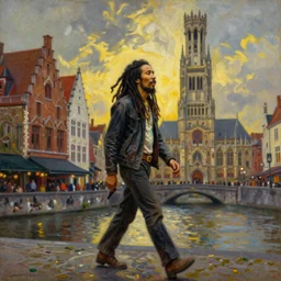 bob marley walking in bruges, painted by victor nizovtsev