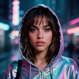 A hyper realistic and detailed head portrait photography of Ana De Armas of Blade Runner 2048 in an iridescent hoodie on a futuristic street. by Annie Leibovitz. Neo noir style. Cinematic. neon lights glow in the background. Cinestill 800T film. Lens flare. Helios 44m
