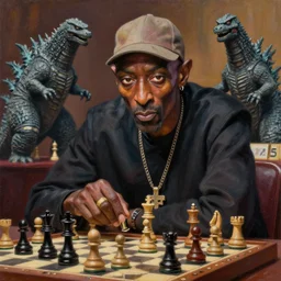 beautiful lifelike painting of mf doom in a chess tournament with godzilla, hyperreal detailed facial features and uv lighting, art by ed roth and basil wolverton