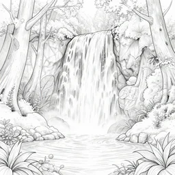 a grayscale adult coloring page of a waterfall in the enchanted forest