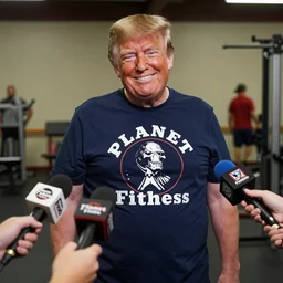 donald trump wearing a planet fitness t-shirt smiling and posing for media pictures