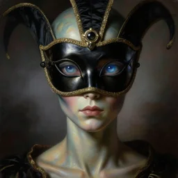 a baroque neoclassicist close - up portrait of an alien being gazing intensely with big glowing eyes and iridescent skin wearing a blacklight retrofuturistic venetian carnival mask and reflective silk. head, face and shoulders, foggy background. renaissance portrait painting. highly detailed science fiction painting by norman rockwell, frank frazetta, shintaro kago and syd mead. rich colors, high contrast, gloomy atmosphere, dark background. trending on artstation.
