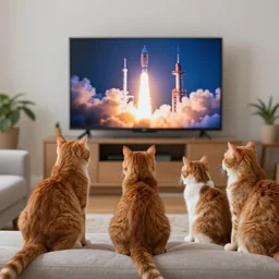 1 9 8 0's color photo, living room, 5 ginger cats watching rocket lift - off on television screen, sitting on sofa