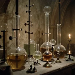 a complex ancient alchemists interior, 4 k, large beakers full of liquid, knobs, glass orbs, candle lighting, octane render, natural color scheme, architectural photography, f 3 2, still from movie by david lynch,