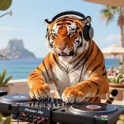anthropomorphic dj tiger playing a set at ibiza, artstation, wearing headphones, turntables, photorealistic