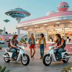 andrew loomis, googie style architecture, kitsch, retro futuristic atomic age, space age, greaser biker gang, greaser biker gang hanging out at the ice cream parlour, rocket bikes, sci - fi retro