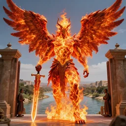 a flaming bright huge towering humanoid winged entity standing at the guard of a gate located where rivers tigri and eufrates meets. he is holding a fiery giant greatsword