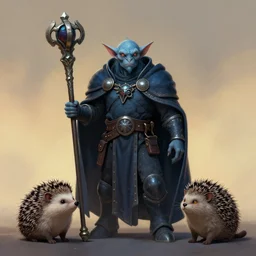full character potrait of genetic combination between goblin & hedgehog & cat & human, holding a ceremonial staff, wearing a cloak, zdzislaw beksinski, lewis jones, dariusz zawadzki, wayne barlow, warhammer fantasy, cold hue's, warm tone gradient background, concept art, 4 k, ultra - high - definition