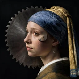a woman's face in profile, made of circular sawblades, in the style of the dutch masters and gregory crewdson, dark and moody