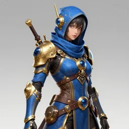 Portrait of a steampunk sci-fi cyborg ninja, third person, D&D, sci-fi fantasy, intricate, blue and gold, highly detailed , art by Range Murata, highly detailed, 3d, octane render, bright colors, digital painting, trending on artstation, sharp focus, illustration style of Stanley Artgerm,