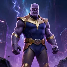 a still of sam hyde as thanos in avengers endgame emerging from thunderstorms in cyberpunk theme, octane render, rule of thirds, sigma look, beautiful