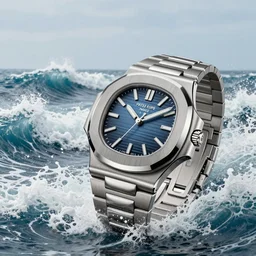 wide shot, big and free background, rule of third. fashion dreamy digital reference of luxury watch patek philippe nautilus reference number 5 7 1 1 / 1 a - 0 1 0, blue dial, drawn by krenz cushart peter mohrbacher norman rockwell michael cheval gerald brom alphonse mucha beautiful detailed watch, french wave