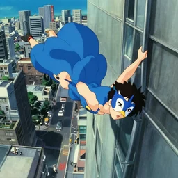 a woman in a blue dress wearing a blue swan mask falling from a building in Tokyo , film still from the an anime directed by Katsuhiro Otomo with art direction by Salvador Dalí, wide lens